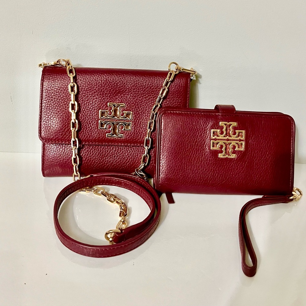 Tory Burch Authentic Goldtone Chain Slingbag & Wristlet/CP case Leather Burgundy